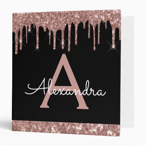 Black Rose Gold Glitter  Sparkle Monogram 3 Ring Binder