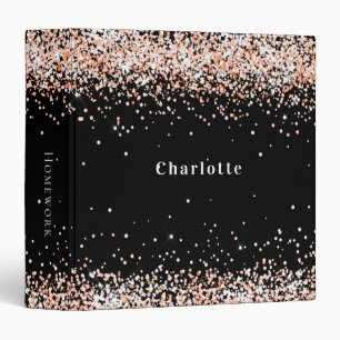 Black rose gold glitter sparkles name school 3 ring binder