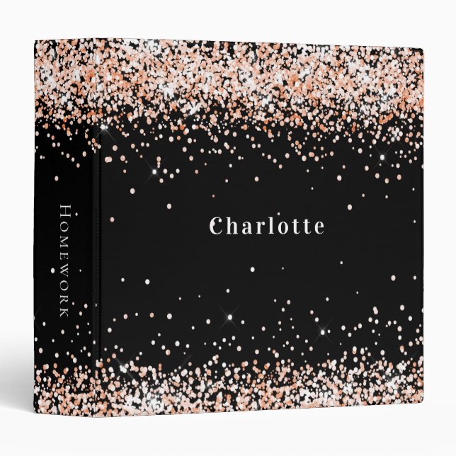 Black rose gold glitter sparkles name school 3 ring binder (Front/Spine)