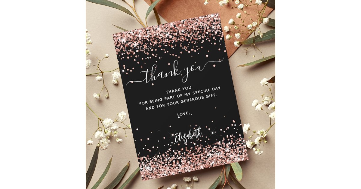 Black rose gold glitter sparkles thank you card | Zazzle