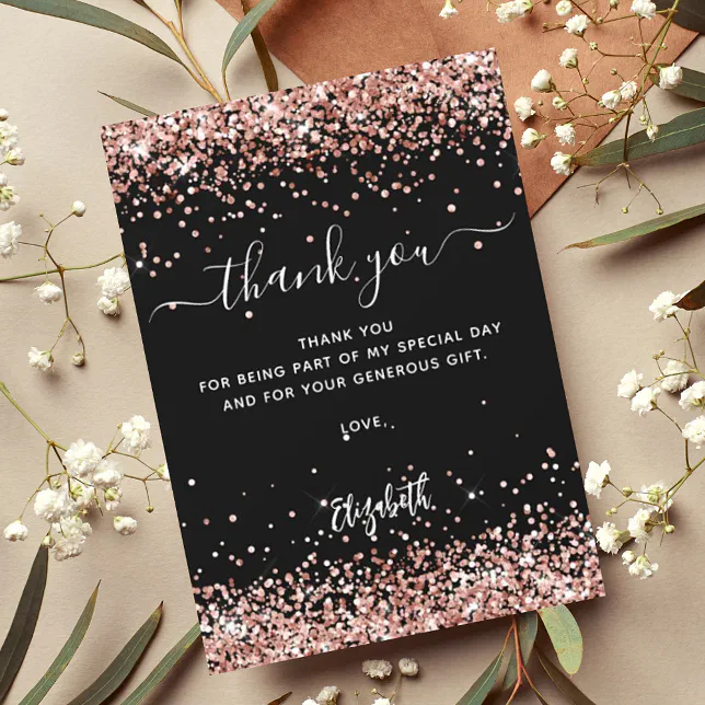 Black rose gold glitter sparkles thank you card | Zazzle