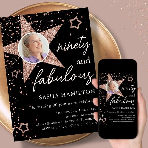 Black  Rose Gold Glitter Star 90th Birthday  Invitation