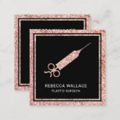 Black Rose Gold Glitter Syringe Plastic Surgeon Square Business Card (Front/Back)