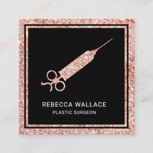 Black Rose Gold Glitter Syringe Plastic Surgeon Square Business Card