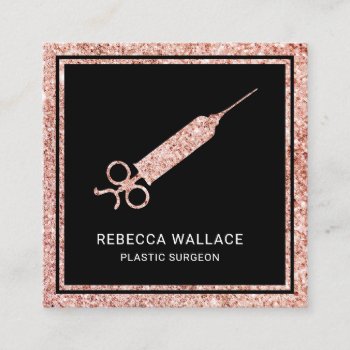 Black Rose Gold Glitter Syringe Plastic Surgeon Square Business Card by ShabzDesigns at Zazzle
