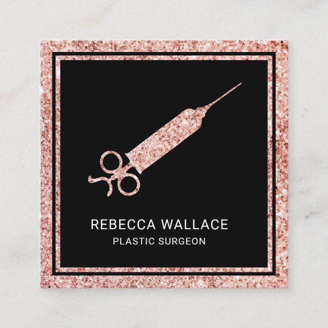 Black Rose Gold Glitter Syringe Plastic Surgeon Square Business Card (Front)