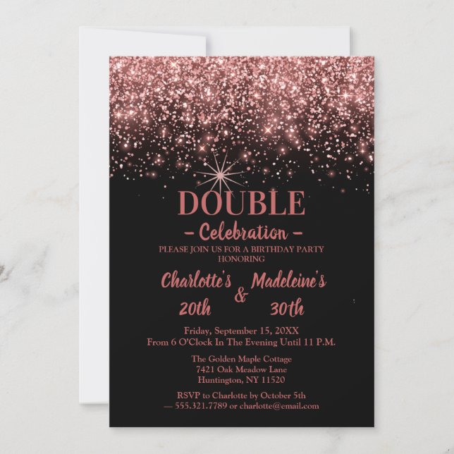 Black Rose Gold Glitter Trendy Joint Birthday Invitation (Front)