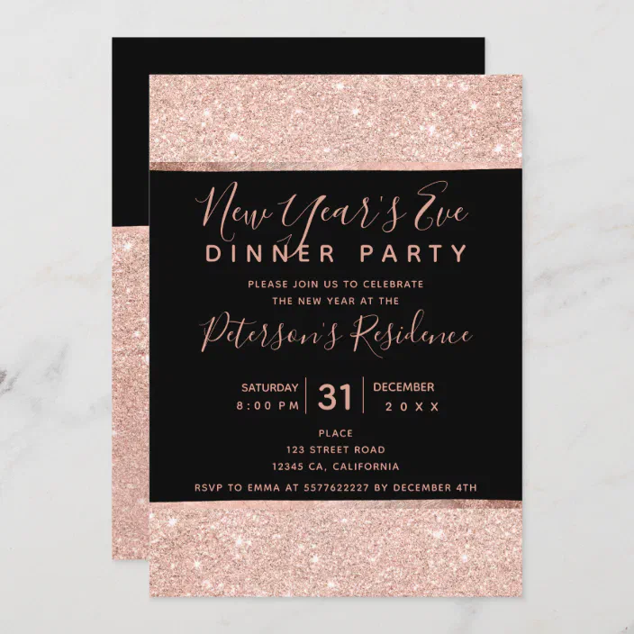 NEW YEARS EVE INVITATIONS INVITE PARTY 2018 BLACK SILVER GLITTER PERSONALISED 
