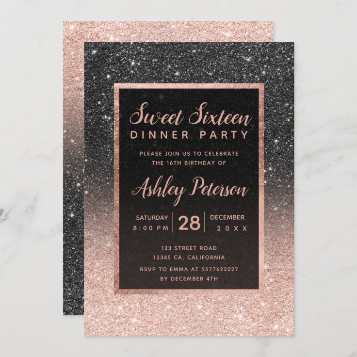 Black rose gold glitter typography Sweet 16 Invitation | Zazzle