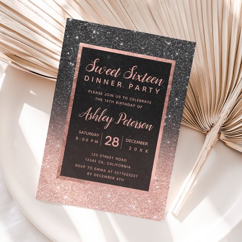Black rose gold glitter typography Sweet 16 Invitation