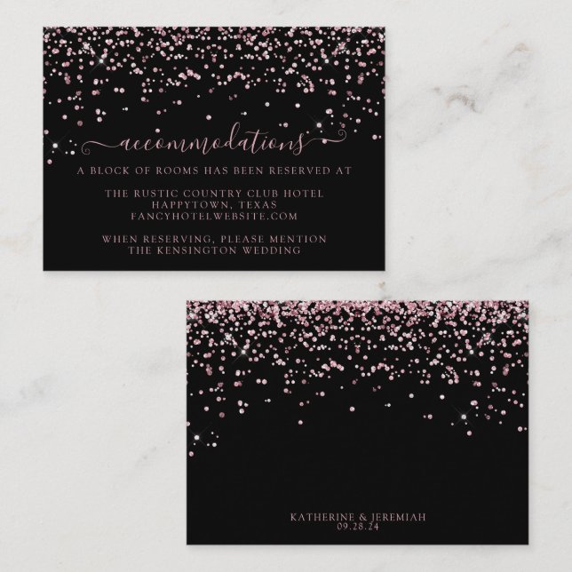 Black Rose Gold Glitter Wedding Accommodations Enclosure Card (Front/Back)