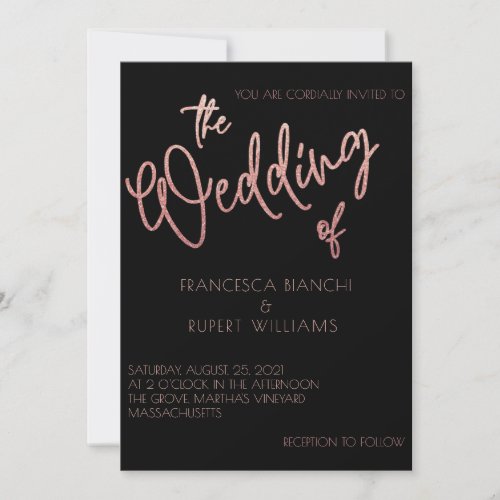 Black  Rose Gold Glitter Wedding Art Deco Invitation