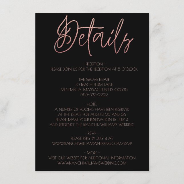 Black & Rose Gold Glitter Wedding Details Enclosure Card (Front)
