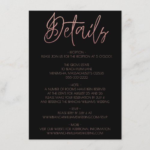 Black  Rose Gold Glitter Wedding Details Enclosure Card
