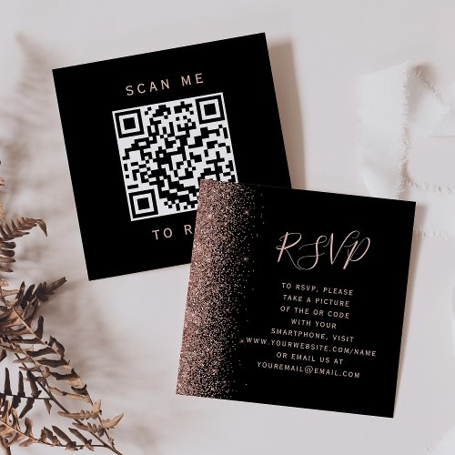 Black Rose Gold Glitter Wedding QR Code RSVP Enclosure Card