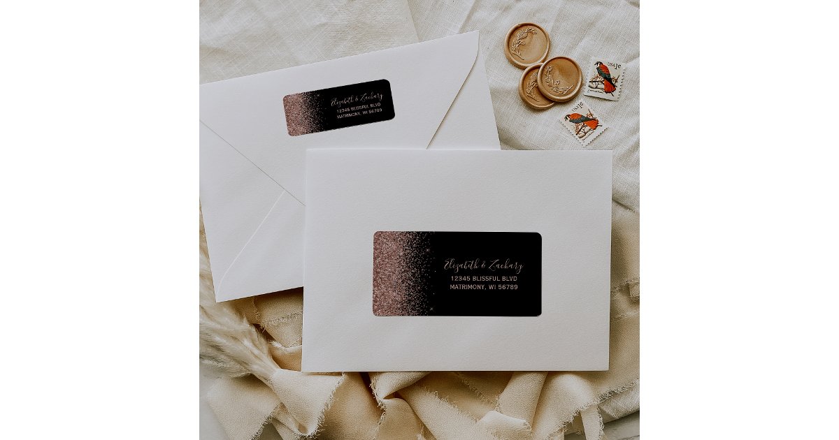 Black Rose Gold Glitter Wedding Return Address Label | Zazzle