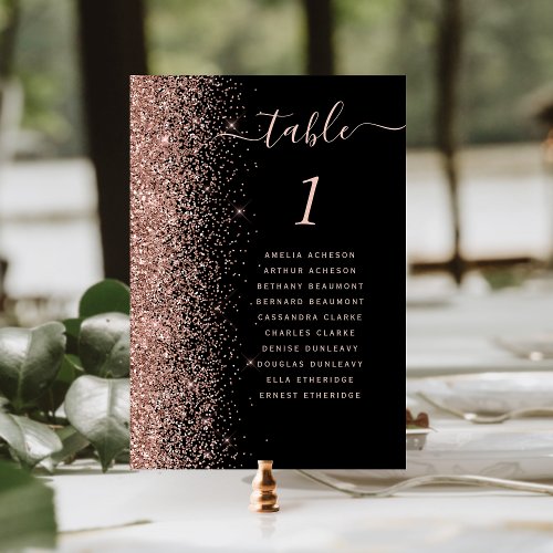 Black Rose Gold Glitter Wedding Table Number