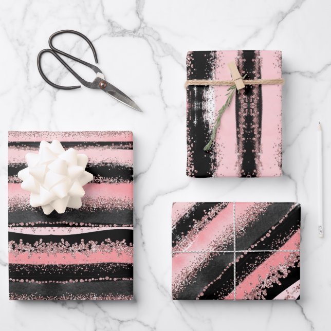 Black Rose Gold Glitter Wrapping Paper Sheets (Front)