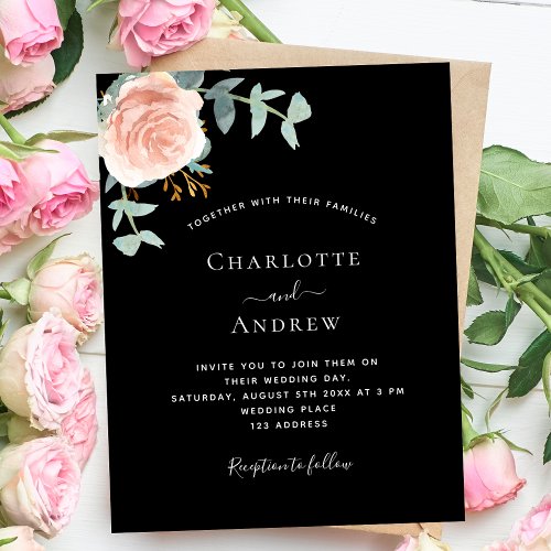 Black rose gold greenery budget wedding invitation