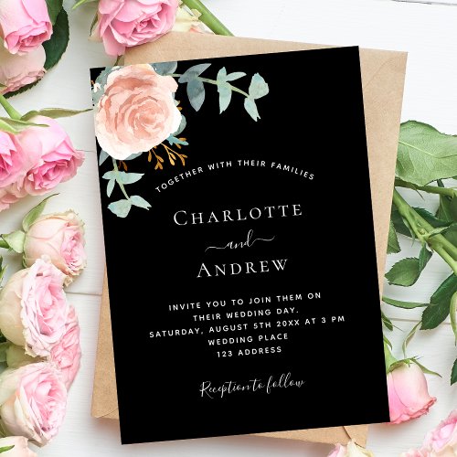 Black rose gold greenery wedding invitation