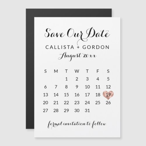 Black Rose Gold Heart Calendar Save the Date Magnetic Invitation