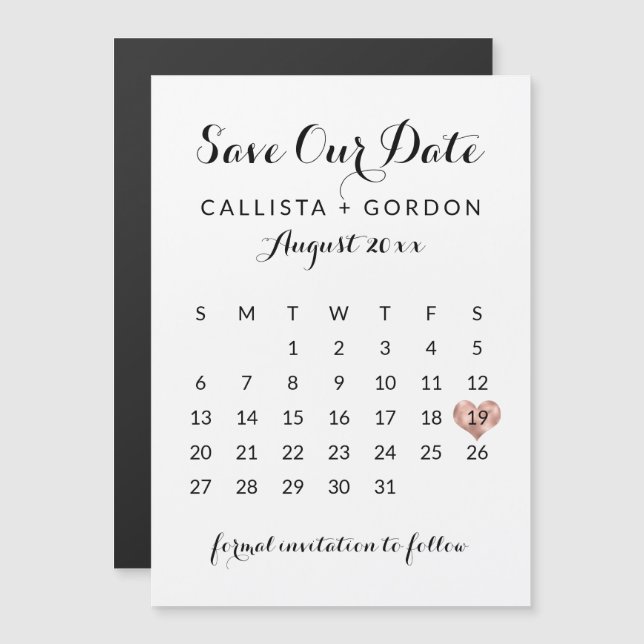 Black Rose Gold Heart Calendar Save the Date Magnetic Invitation (Front/Back)