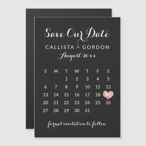 Black Rose Gold Heart Calendar Save the Date Magnetic Invitation
