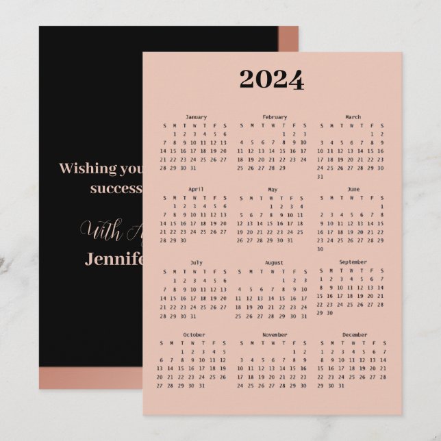 Black Rose Gold Holiday Greeting Calendar Card (Front/Back)