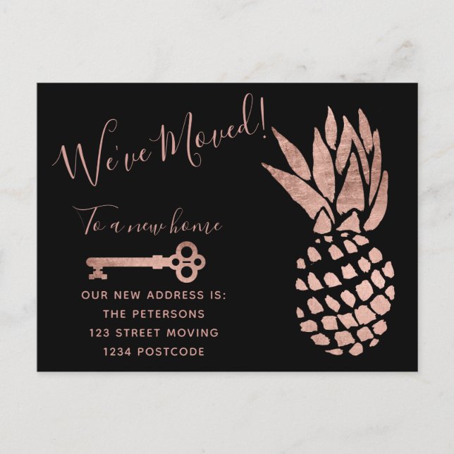 Black rose gold key pineapple moving announcement (Front)