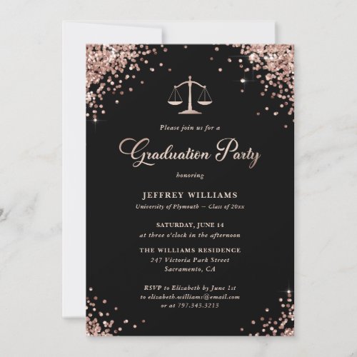 Black Rose Gold Law School Graduation Party Invitation