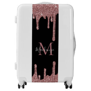 Black Rose Gold Layered Glitter Drips Monogram Luggage