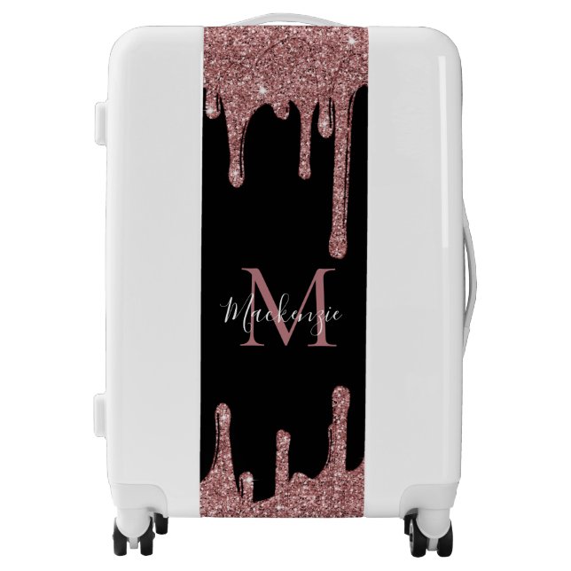 Black Rose Gold Layered Glitter Drips Monogram Luggage (Front)