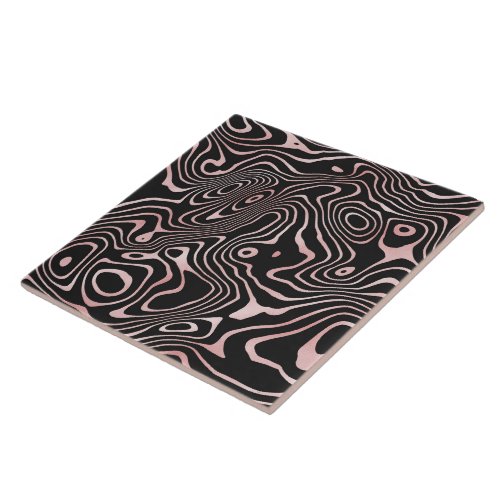 Black Rose Gold liquid swirl Abstract Design Ceramic Tile