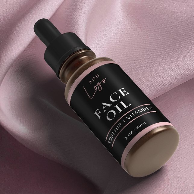 Black Rose Gold Logo 2OZ Cosmetic Dropper Bottle Label (Trendy rose gold effect dropper bottle labels - great for face serums, hair oil, face mist and more)