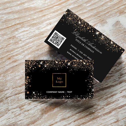 Black rose gold logo glitter dust elegant QR code Business Card