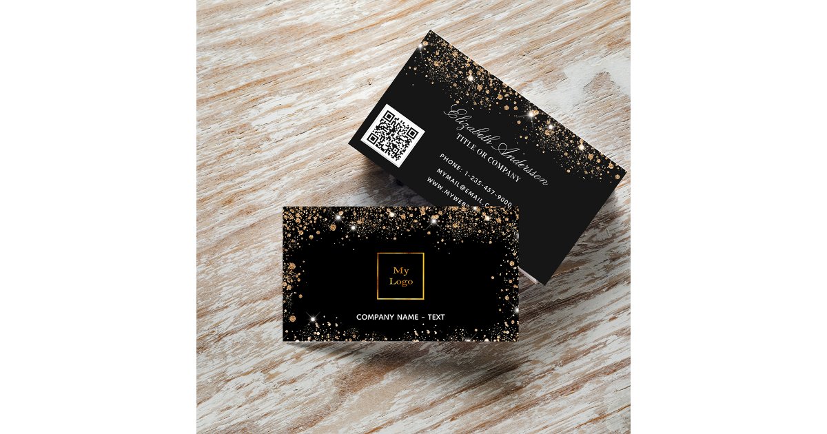 Black rose gold logo glitter dust elegant QR code Business Card | Zazzle
