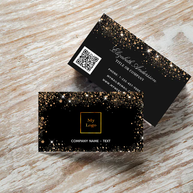 Black rose gold logo glitter dust elegant QR code Business Card | Zazzle