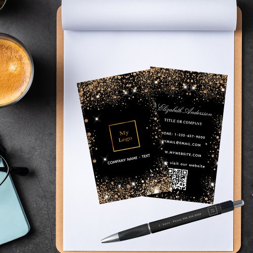 Black rose gold logo glitter QR code vertical Business Card