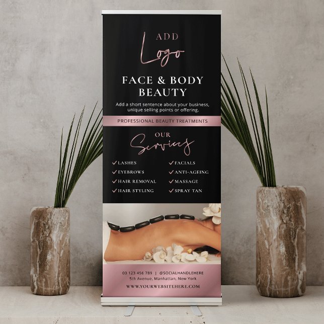 Black & Rose Gold Logo Spa Salon Marketing Retractable Banner (Black and rose gold effect salon promotional banner with space for your logo, services and photo)