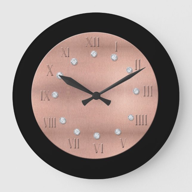 Black & Rose Gold Look Round Wall Clock (Front)