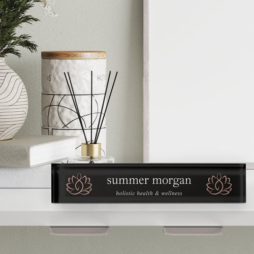 Black  Rose Gold Lotus Flower Logo Desk Name Plate