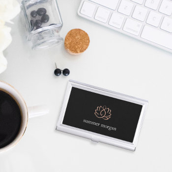 Black & Rose Gold Lotus Flower Personalized Business Card Case by RedwoodAndVine at Zazzle