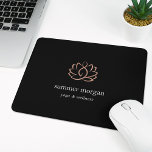 Black & Rose Gold Lotus Logo Mouse Pad<br><div class="desc">Chic personalized mousepad for your spa, holistic health & wellness, yoga studio, or massage therapy business features two lines of custom text in classic white lettering, on a rich black background adorned with a faux rose gold foil lotus flower logo. A silhouette of a meditating person is subtly worked into...</div>