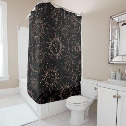 Black  Rose Gold Magic Celestial Vintage Sun Moon Shower Curtain