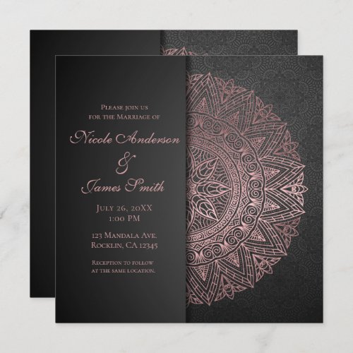 Black  Rose Gold Mandala Elegant Wedding Marriage Invitation
