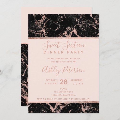 Black rose gold marble blush typography Sweet 16 Invitation