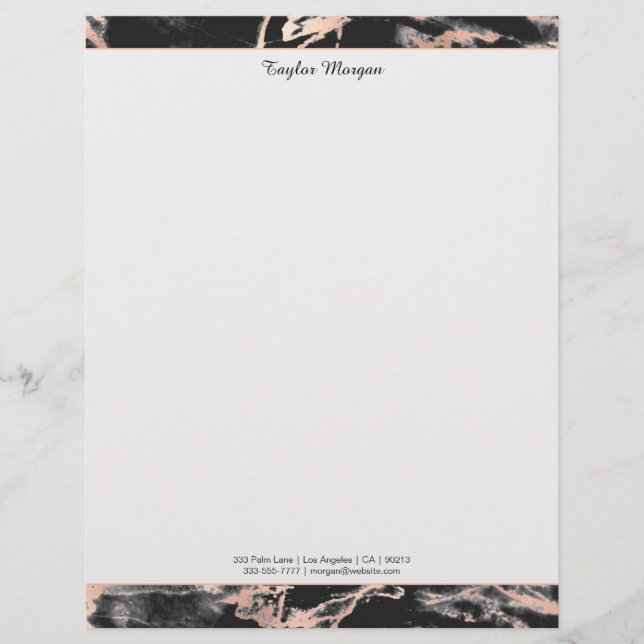 Black & Rose Gold Marble Border, Black Name/Info L Letterhead (Front)