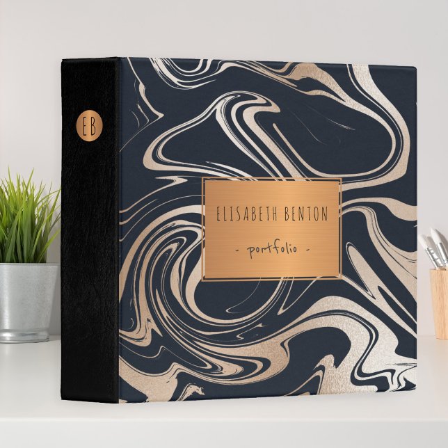 Black rose gold marble copper geometric portfolio 3 ring binder (Creator Uploaded)
