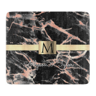 Black & Rose Gold Marble Gold Band Name & Monogram Cutting Board
