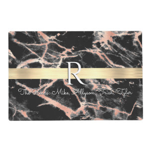 Black/Rose Gold Marble Gold Bar, Wht Name Monogram Placemat